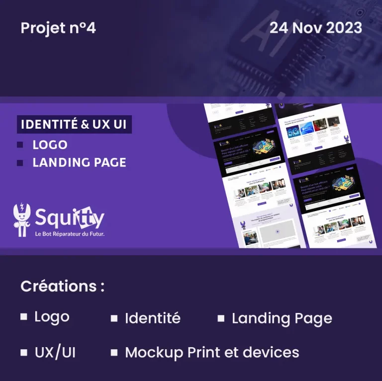 Bannière qui représente le projet squitty. Un logo ainsi qu'une landing page ont été créée